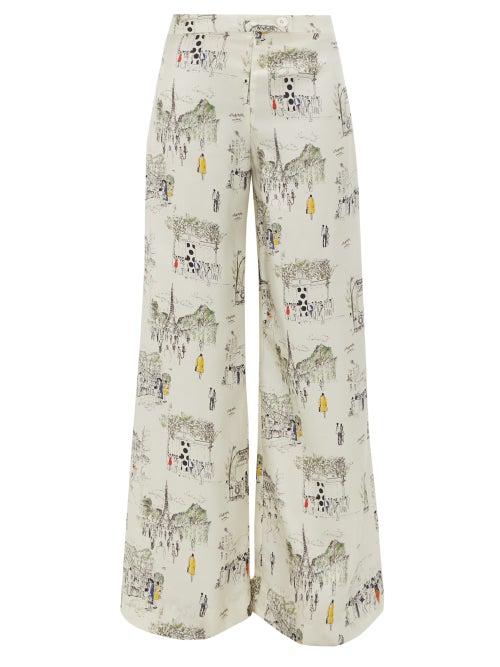 Matchesfashion.com La Prestic Ouiston - Giudecca Paris-print Silk-twill Trousers - Womens - White Multi