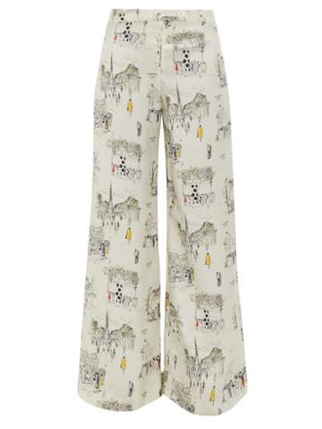 Matchesfashion.com La Prestic Ouiston - Giudecca Paris-print Silk-twill Trousers - Womens - White Multi