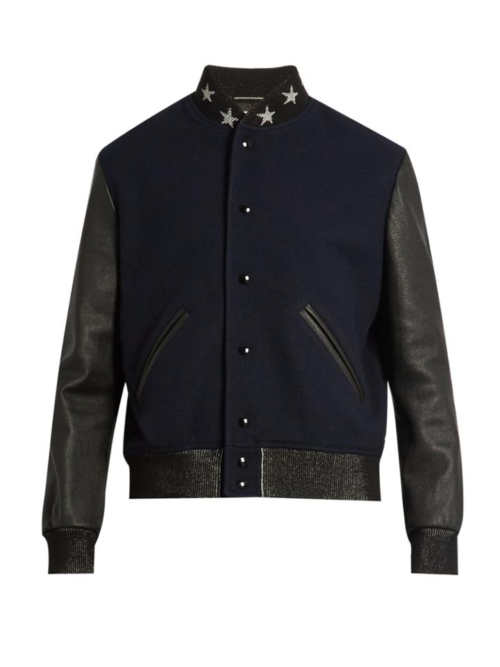 Saint Laurent Leather-sleeved Wool-blend Bomber Jacket