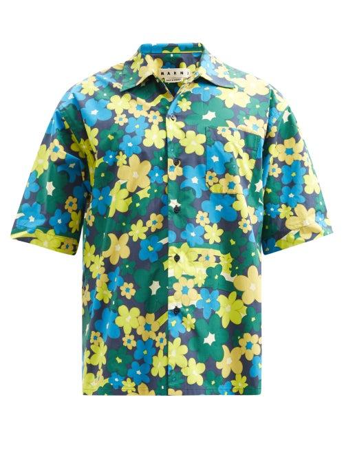 Matchesfashion.com Marni - Short-sleeved Floral-print Cotton-poplin Shirt - Mens - Blue Multi