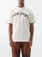 Palm Angels - Glitter-logo Distressed Cotton-jersey T-shirt - Mens - Off White