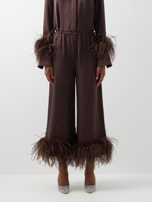 16arlington - Mandrake Feather-trimmed Cropped Satin Trousers - Womens - Brown