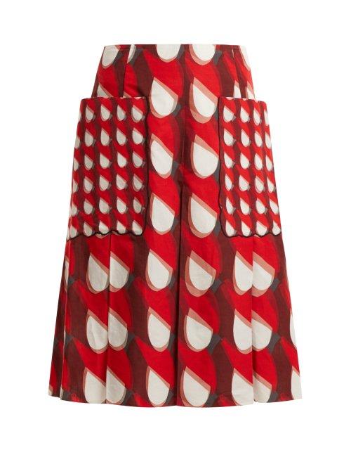 Matchesfashion.com Bottega Veneta - Geometric Print Cotton And Linen Blend Midi Skirt - Womens - Red White