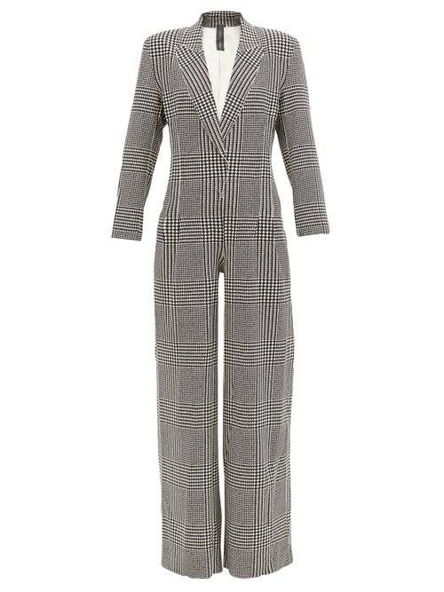 Matchesfashion.com Norma Kamali - V-neck Houndstooth-plaid Jersey Jumpsuit - Womens - Black/white