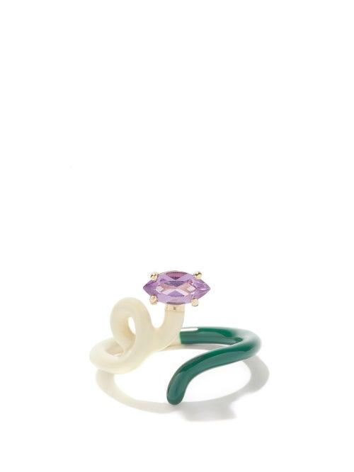 Bea Bongiasca - Baby Vine Tendril Amethyst, 9kt Gold & Enamel Ring - Womens - Green White