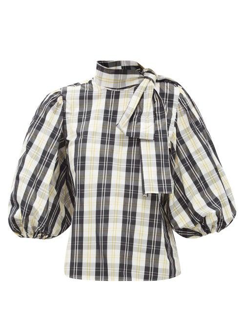 Matchesfashion.com Redvalentino - Tie-neck Balloon-sleeve Plaid Top - Womens - White Multi