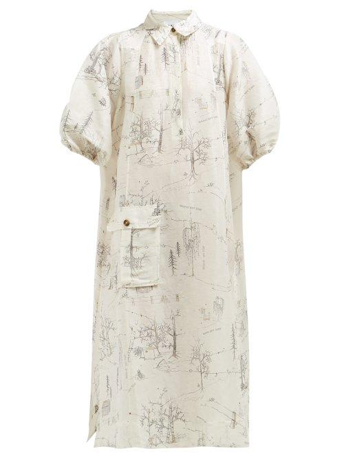 Matchesfashion.com Ganni - Cedar Print Linen Blend Midi Dress - Womens - Ivory