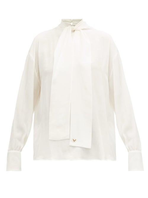 Matchesfashion.com Valentino - Logo Jacquard Pussy Bow Silk Blouse - Womens - Ivory