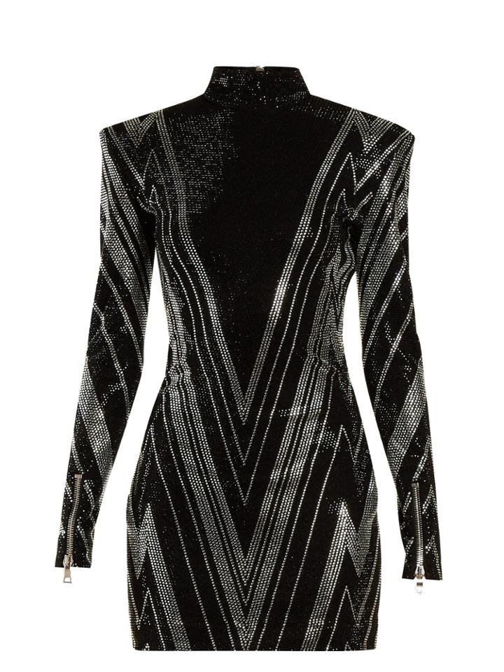 Balmain Chevron-stripe Strass Mini Dress