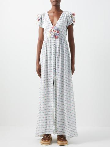 Loveshackfancy - Oyana Floral-applique Printed Maxi Dress - Womens - White Print