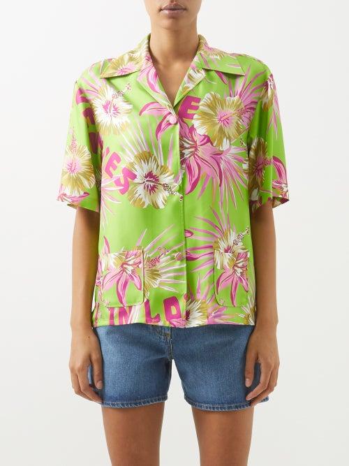 Gucci - Floral-print Silk Short-sleeved Shirt - Womens - Green Multi