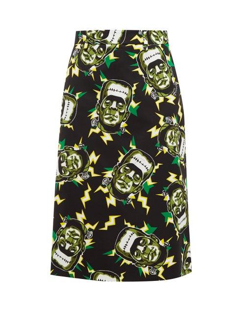 Matchesfashion.com Prada - Frankenstein's Monster Print Cotton Pencil Skirt - Womens - Black Green