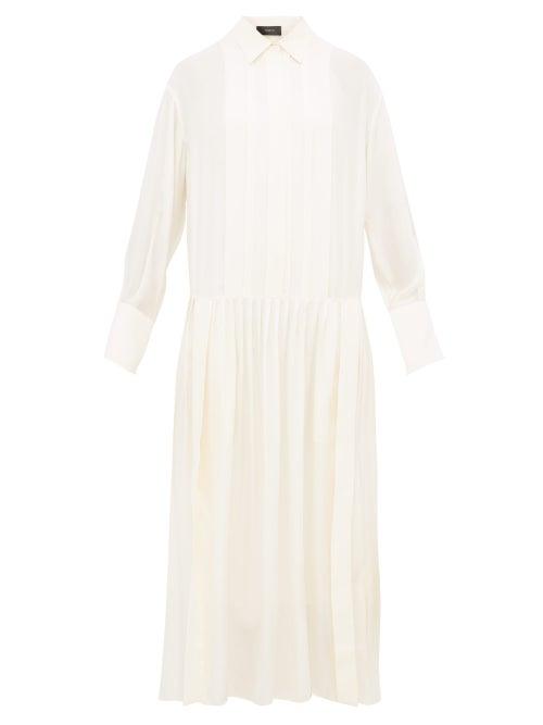 Matchesfashion.com Joseph - Cinna Drop Waist Pleated Silk Blend Dress - Womens - Cream