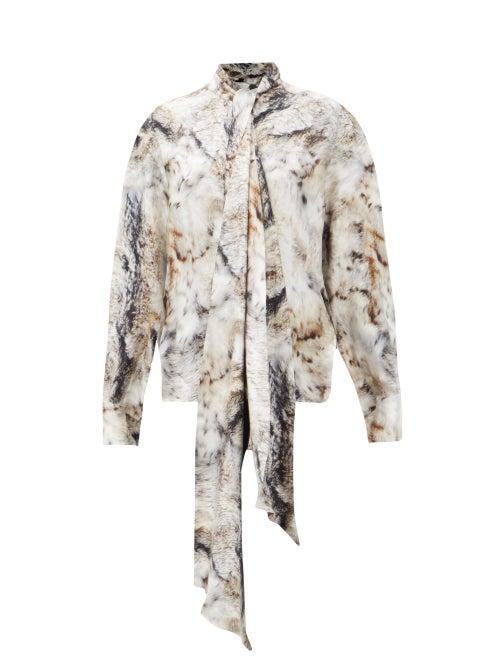 Matchesfashion.com Petar Petrov - Clancy Pussy-bow Fox Fur-print Silk Blouse - Womens - Grey Print