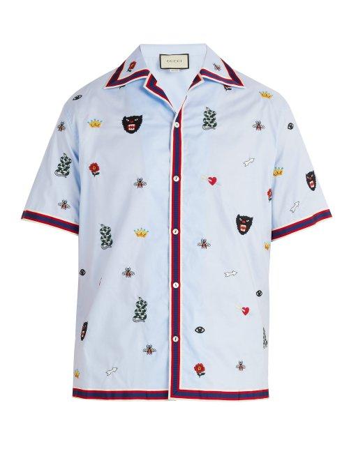 Matchesfashion.com Gucci - Motif Embroidered Bowling Shirt - Mens - Blue