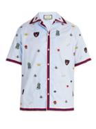Matchesfashion.com Gucci - Motif Embroidered Bowling Shirt - Mens - Blue