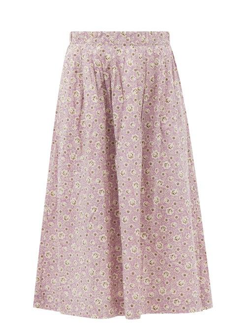Sea - Ida Floral-print Cotton Midi Skirt - Womens - Pink Multi