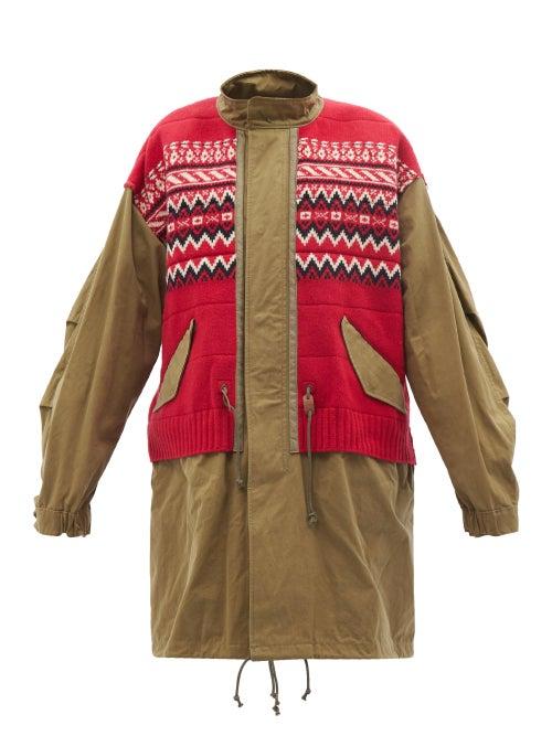 Junya Watanabe - Fair Isle-patchwork Cotton-canvas Coat - Womens - Khaki Multi