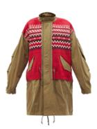 Junya Watanabe - Fair Isle-patchwork Cotton-canvas Coat - Womens - Khaki Multi