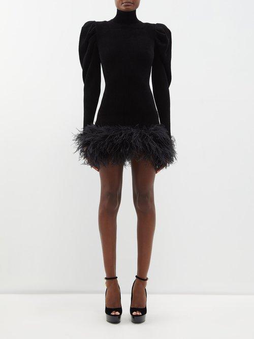 Alexandre Vauthier - Feather-trim Velvet Mini Dress - Womens - Black