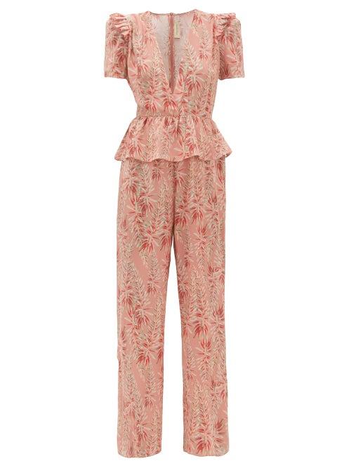 Matchesfashion.com Adriana Degreas - Aloe Print Ruffled Peplum Silk Crepe Jumpsuit - Womens - Pink Print