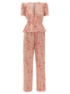 Matchesfashion.com Adriana Degreas - Aloe Print Ruffled Peplum Silk Crepe Jumpsuit - Womens - Pink Print