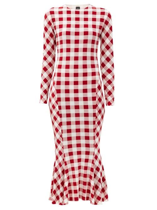 Matchesfashion.com Norma Kamali - Gingham-print Fluted Jersey Midi Dress - Womens - Red White