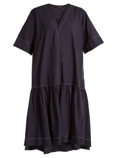 Matchesfashion.com Lee Mathews - Morgan Dropped Waist Cotton Poplin Dress - Womens - Navy