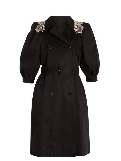 Matchesfashion.com Simone Rocha - Embellished Collar Belted Cotton Blend Trench Coat - Womens - Black Beige