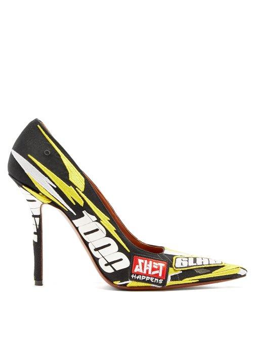 Matchesfashion.com Vetements - Racer Embroidered Point Toe Pumps - Womens - Yellow Multi