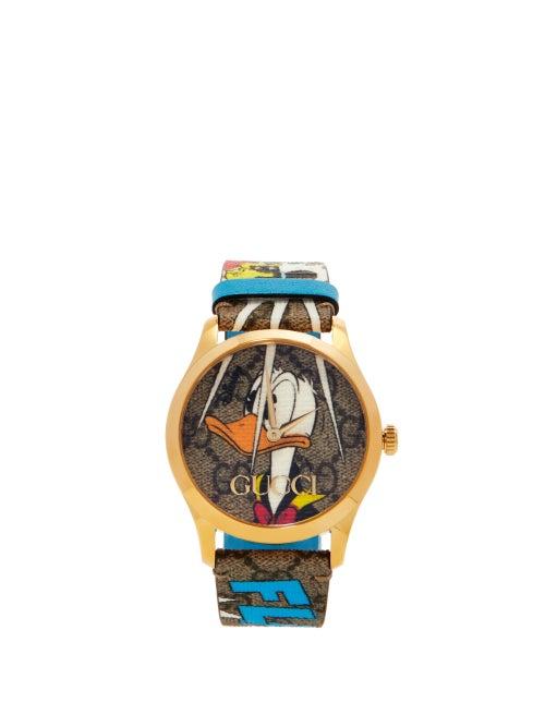 Matchesfashion.com Gucci - G-timeless Donald Duck-print Gg-canvas Watch - Mens - Gold Multi