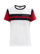 Matchesfashion.com Balmain - Logo-print Stripes Cotton T-shirt - Mens - White
