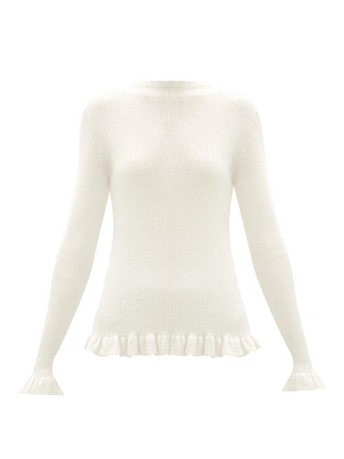 Matchesfashion.com Sara Lanzi - Ruffle-trim Rib-knit Merino Wool Sweater - Womens - Ivory