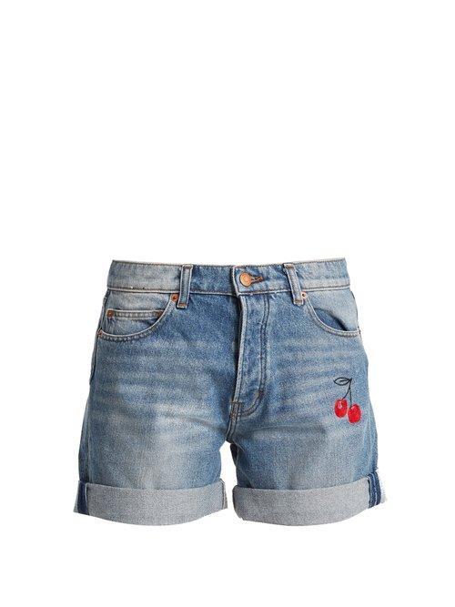 Matchesfashion.com Bliss And Mischief - Cherry Embroidered Denim Shorts - Womens - Denim