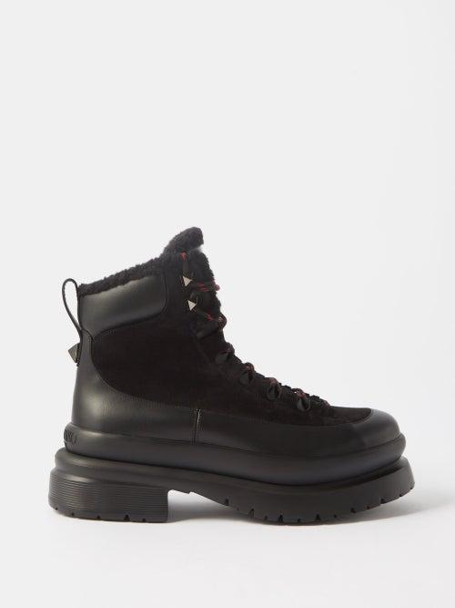Valentino Garavani - Roman Stud Shearling And Leather Boots - Mens - Black