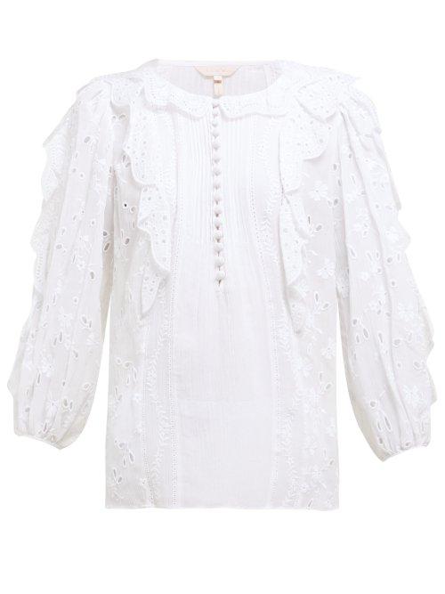 Matchesfashion.com Rebecca Taylor - Livy Broderie Anglaise Cotton Blend Blouse - Womens - White