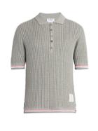 Matchesfashion.com Thom Browne - Striped Trim Waffle Knit Cotton Polo Shirt - Mens - Light Grey