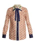 Gucci Guns-print Bow-embellished Silk-twill Blouse