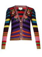 Gucci Floral-appliqu Striped Wool-blend Cardigan