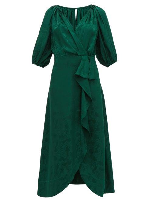 Matchesfashion.com Saloni - Olivia Wrap Front Silk Blend Jacquard Midi Dress - Womens - Dark Green