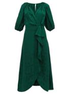Matchesfashion.com Saloni - Olivia Wrap Front Silk Blend Jacquard Midi Dress - Womens - Dark Green