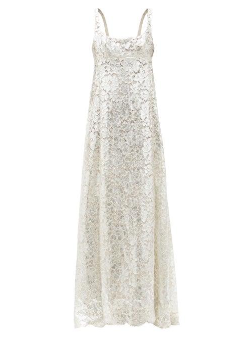 Matchesfashion.com Marc Jacobs Runway - Scoop-neck Cape-back Metallic Lace Gown - Womens - Silver
