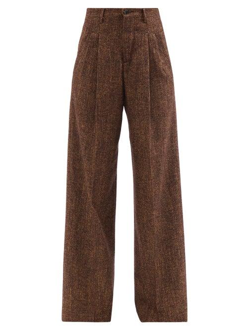 Umit Benan B+ - Pleated Wide-leg Herringbone Trousers - Womens - Brown
