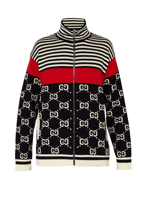 Matchesfashion.com Gucci - Gg Instarsia Knit Zip Cotton Cardigan - Mens - Navy Multi