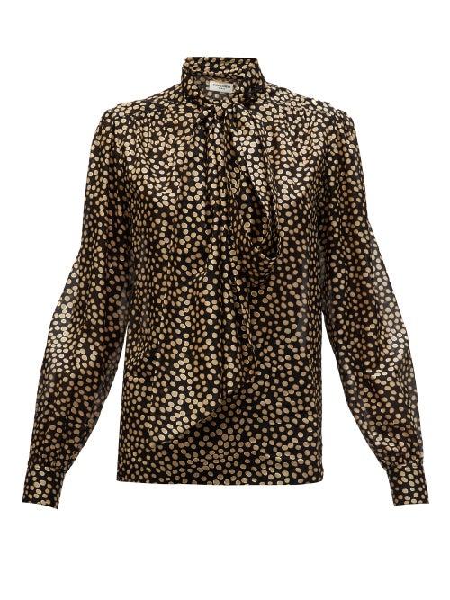 Matchesfashion.com Saint Laurent - Pussy-bow Silk Fil-coup Blouse - Womens - Black Multi