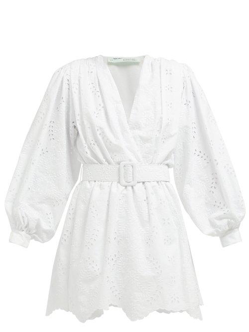 Matchesfashion.com Off-white - Belted Broderie Anglaise Cotton Blend Mini Dress - Womens - White