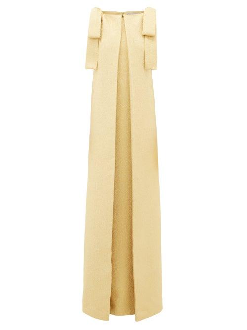 Matchesfashion.com Emilia Wickstead - Julie Bow Shoulder Metallic Cloqu Gown - Womens - Gold