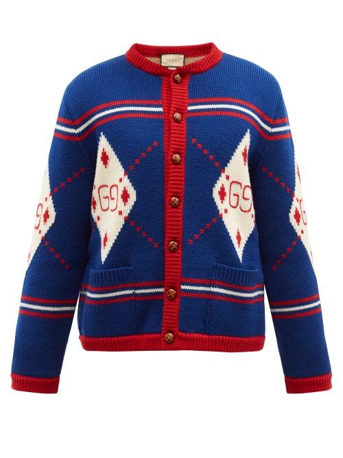 Gucci - Gg-logo Jacquard Wool Cardigan - Mens - Blue