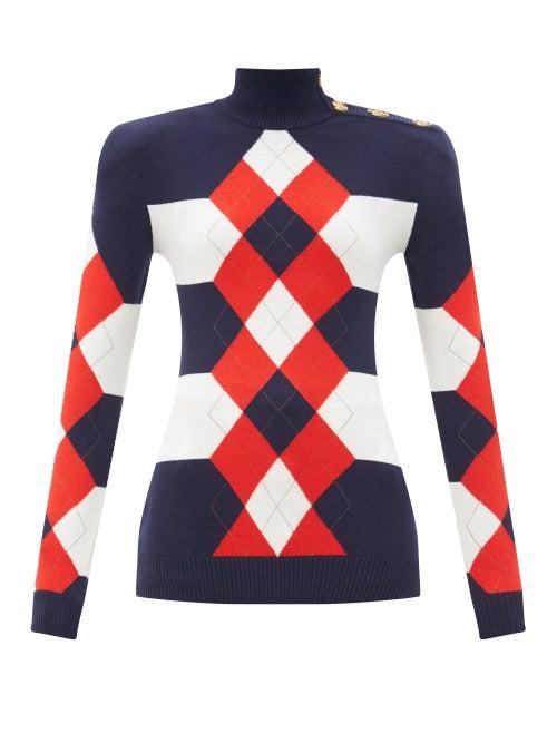 Matchesfashion.com Balmain - Argyle Striped Wool-blend Sweater - Womens - Navy Multi