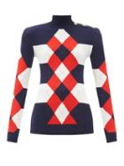 Matchesfashion.com Balmain - Argyle Striped Wool-blend Sweater - Womens - Navy Multi